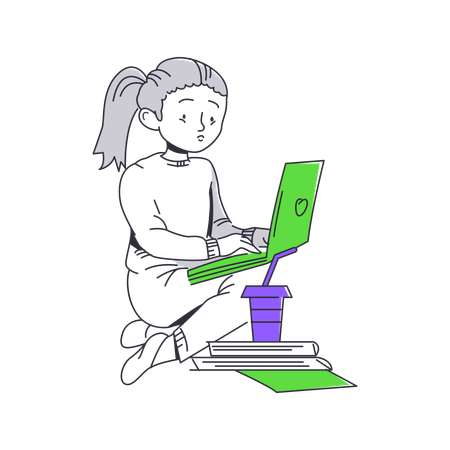 Menina digitando no laptop  Ilustração