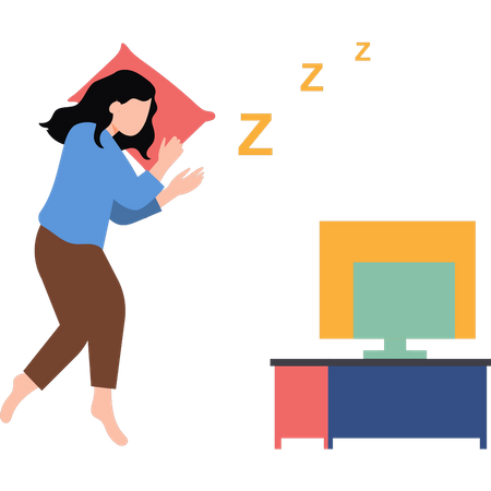 Menina dormindo enquanto assiste TV  Ilustração