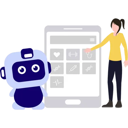 Menina e robô fazendo agendamento de saúde no celular  Ilustração