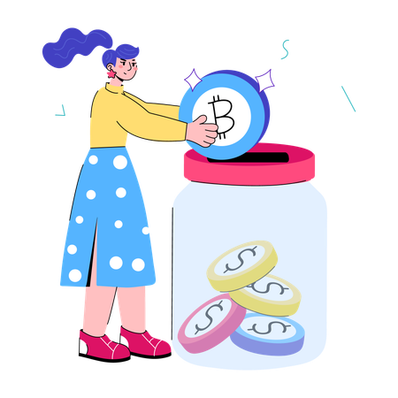 Garota economizando dinheiro em pote de moedas  Ilustração