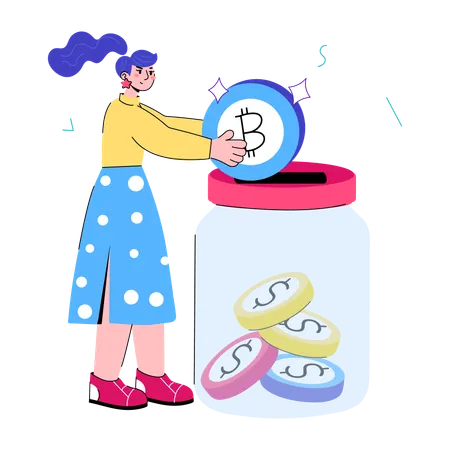 Garota economizando dinheiro em pote de moedas  Ilustração