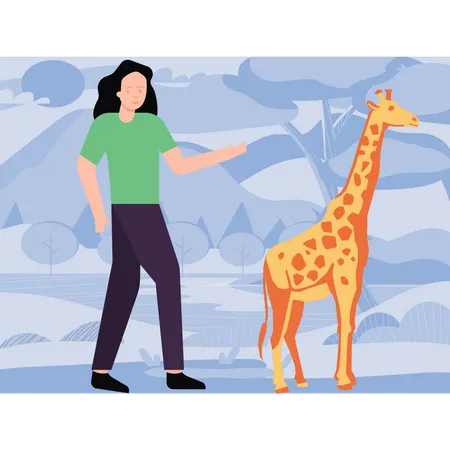 Garota ao lado de uma girafa  Ilustração