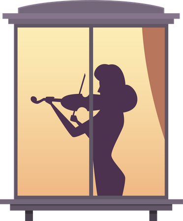 Garota parada perto da janela e tocando violão  Ilustração