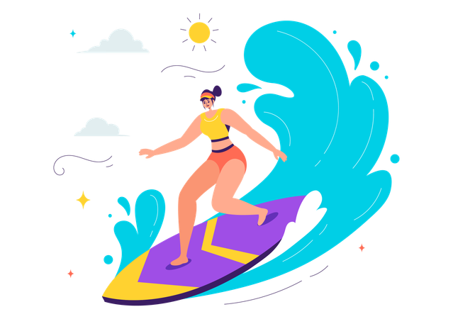 Garota em uma prancha de surfe  Ilustração