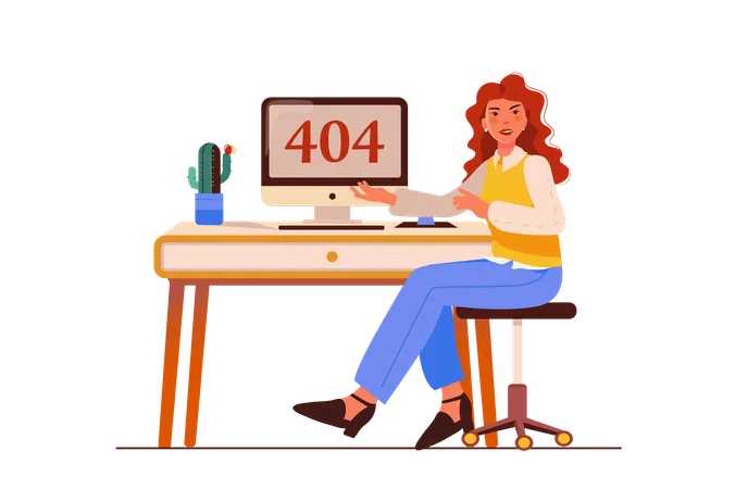 Menina encontrou erro 404 no computador  Ilustração