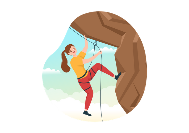 Menina escalando o penhasco da montanha  Ilustração