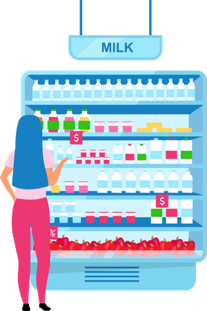 Garota escolhendo leite no supermercado  Ilustração