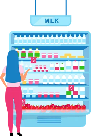 Garota escolhendo leite no supermercado  Ilustração