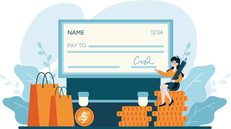 Garota escreve cheque de pagamento  Ilustração