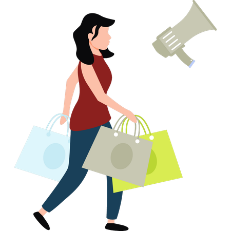 A menina está andando com sua sacola de compras  Ilustração