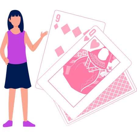 A garota está apontando para as cartas de jogo  Ilustração