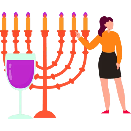 Garota está apontando para as velas de hanukkah  Ilustração