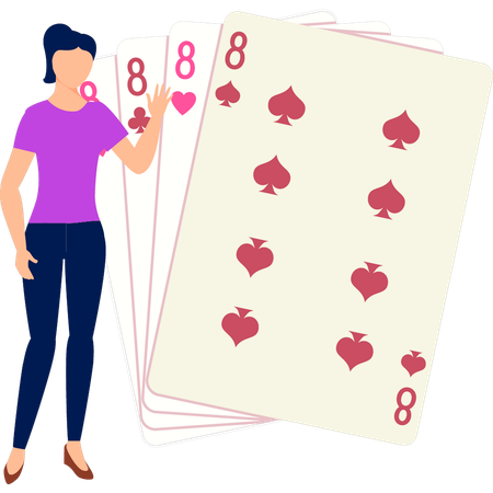 Garota está apontando para cartas de jogo em um cassino  Ilustração