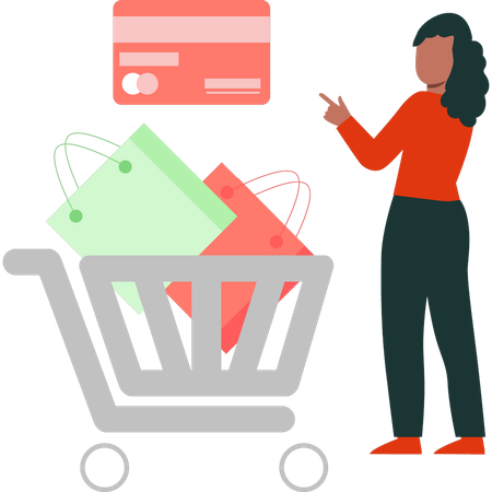 Garota está apontando para o cartão de crédito para compras on-line  Ilustração