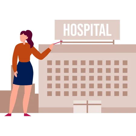 A menina está apontando para o prédio do hospital  Ilustração