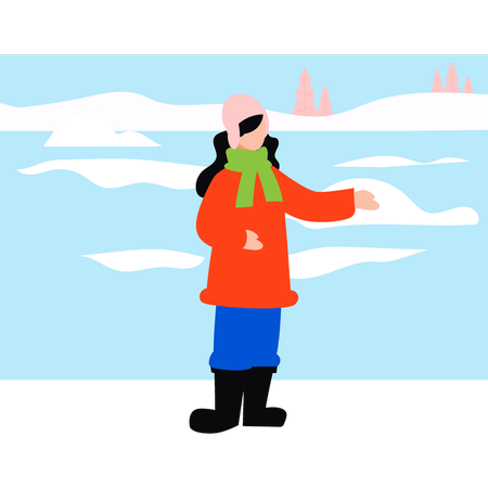 A menina está brincando na neve enquanto usava roupas quentes  Ilustração