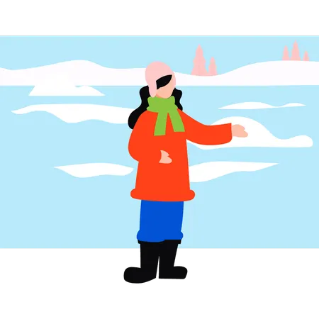 A menina está brincando na neve enquanto usava roupas quentes  Ilustração