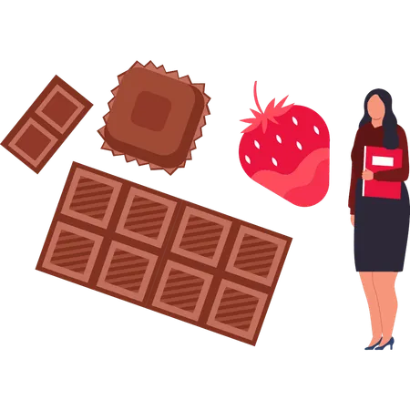 A menina está comendo chocolate com morangos  Ilustração