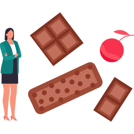 A menina está comendo chocolates com cerejas  Ilustração