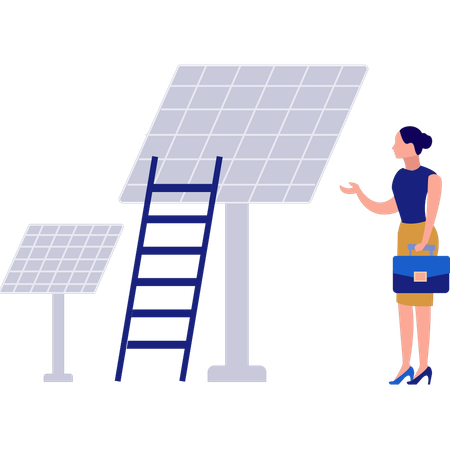 A menina está prestando serviços de manutenção ao painel solar  Ilustração