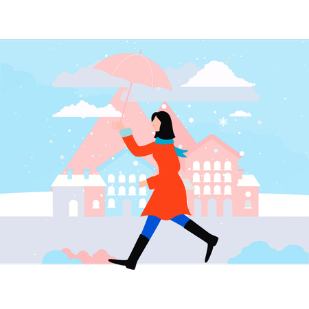 A menina está correndo na neve com um guarda-chuva  Ilustração