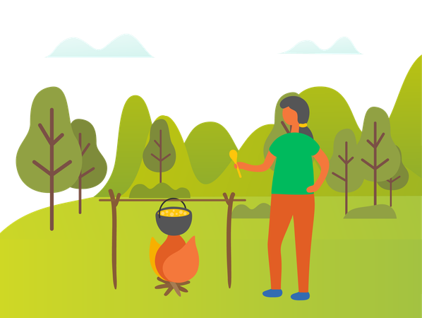 A menina está cozinhando comida na floresta  Ilustração