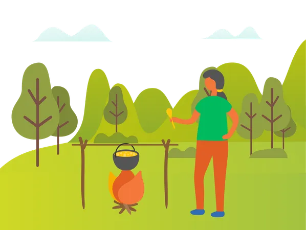 A menina está cozinhando comida na floresta  Ilustração