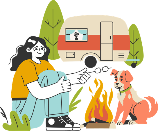 Garota está aproveitando o acampamento com seu cachorro  Ilustração