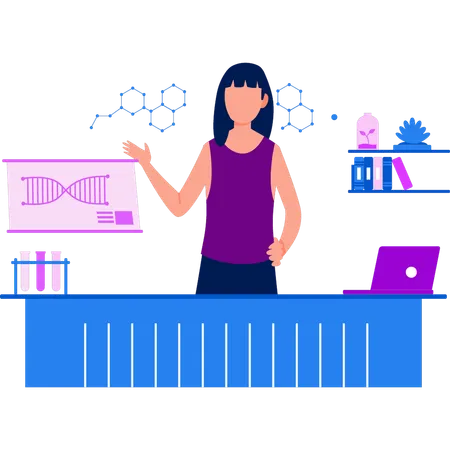 A menina está explicando sobre a estrutura do DNA  Ilustração