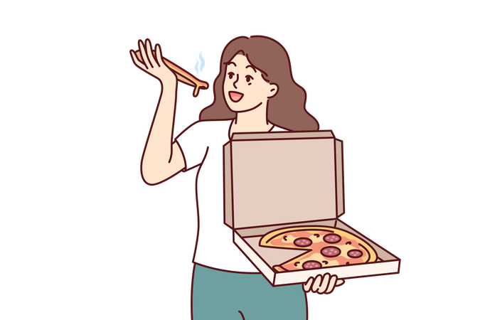 A menina está gostando de comer sua pizza  Ilustração