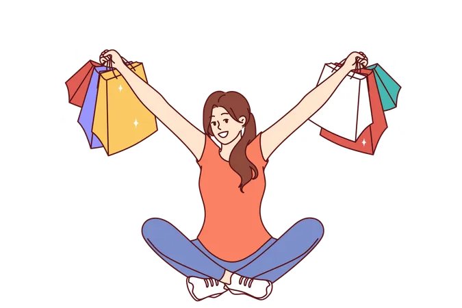 A menina está muito feliz enquanto fazia compras  Ilustração