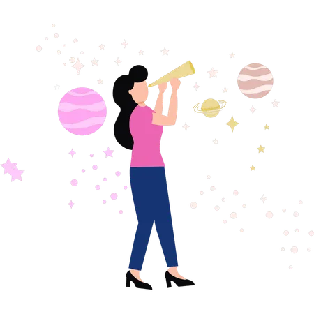 A menina está olhando as estrelas através de uma luneta  Illustration