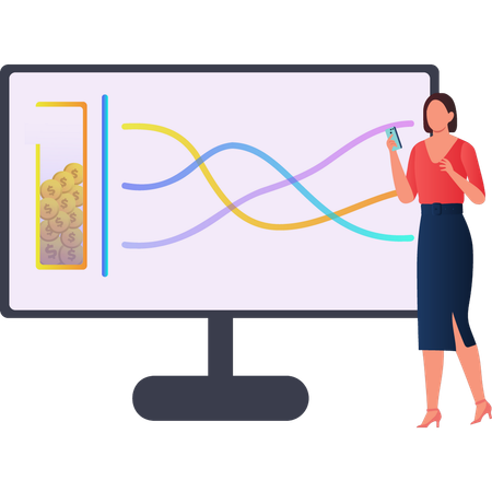 Garota está olhando para o gráfico de linhas na tela do monitor  Ilustração