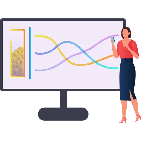 Garota está olhando para o gráfico de linhas na tela do monitor  Ilustração