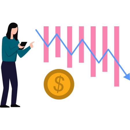 A menina está olhando para o gráfico de queda do dólar  Ilustração