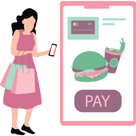 Garota está pagando comida on-line  Ilustração
