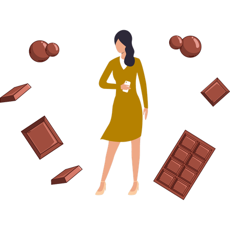 Garota está parada perto de chocolates  Ilustração