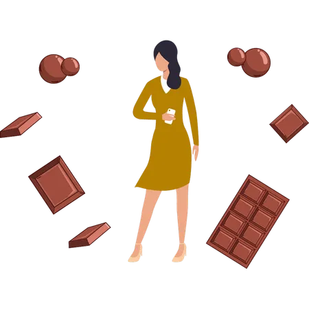 Garota está parada perto de chocolates  Ilustração