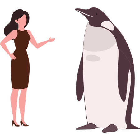 A menina está parada perto do pinguim  Ilustração