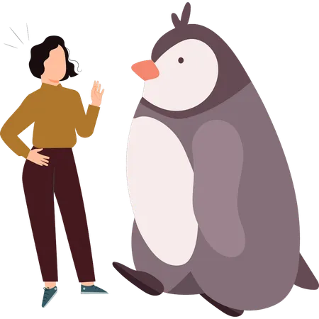 A menina está parada perto do pinguim  Ilustração