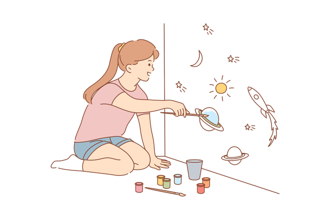 A menina está pintando objetos astronômicos  Ilustração