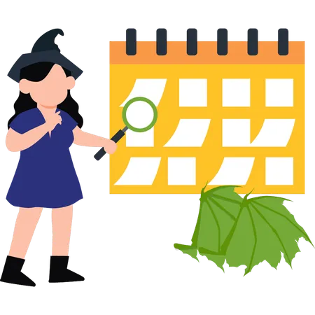 A menina está procurando o dia de Halloween no calendário  Ilustração