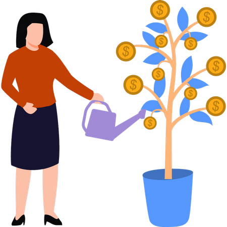 A menina está regando a planta do dólar  Ilustração