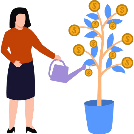 A menina está regando a planta do dólar  Ilustração