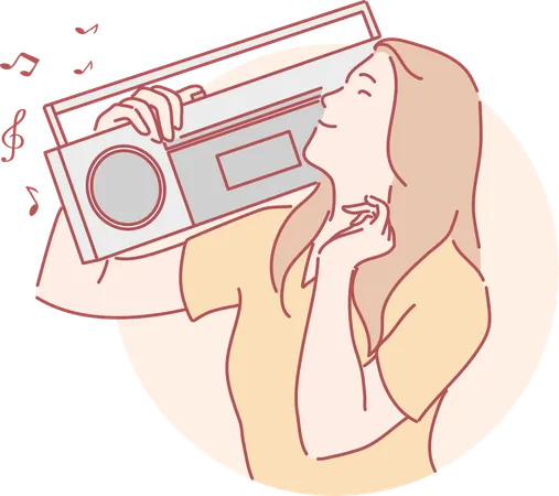 A menina está segurando o rádio estéreo  Ilustração