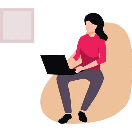 Garota está sentada no sofá usando seu laptop  Ilustração