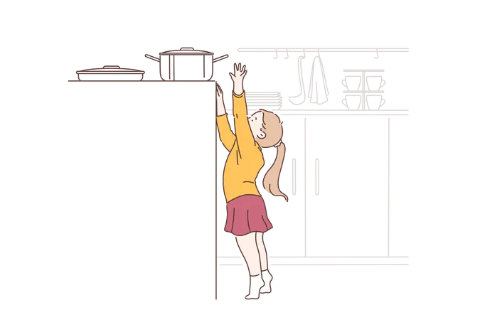 Garota está tentando tirar panela quente do fogão a gás  Ilustração