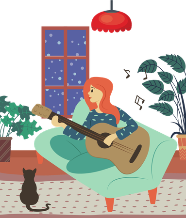 Garota está tocando guitarra  Ilustração