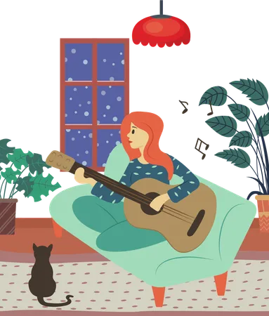 Garota está tocando guitarra  Ilustração