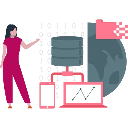 A garota está trabalhando na codificação binária global  Illustration